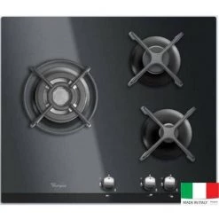 WHIRLPOOL AKT404NB Plaque De Cuisson Gaz - 3 Foyers - 6350W - L59 X P51cm - Revetement Verre Trempé - Noir